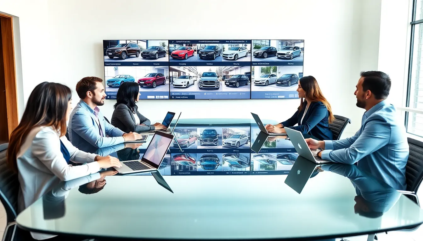 diverse team discussing vehicle options in a modern office.