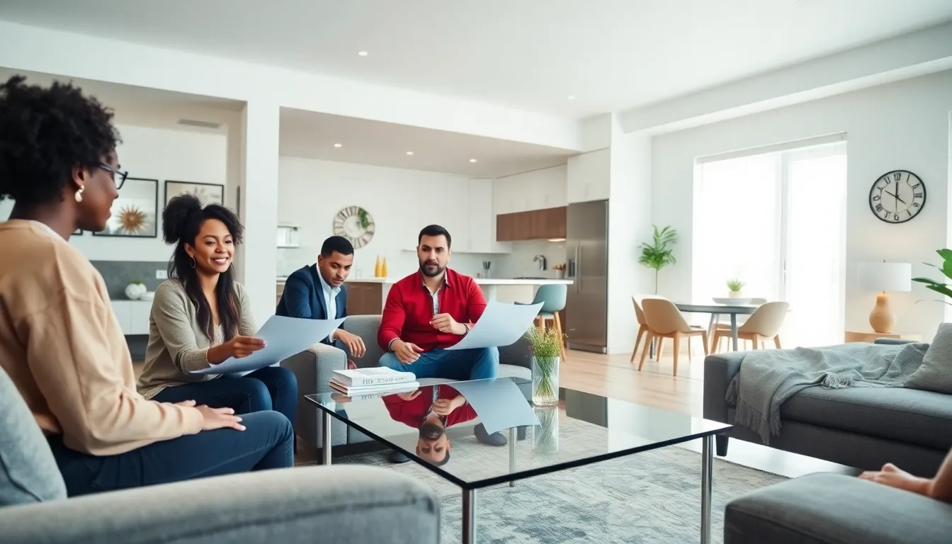 diverse professionals discussing house hacking in a stylish living room.