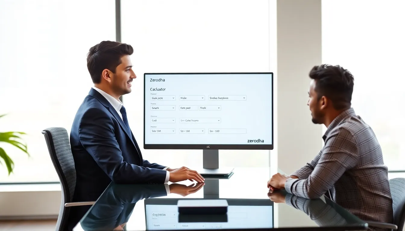 financial consultant demonstrating a brokerage calculator in an office setting.