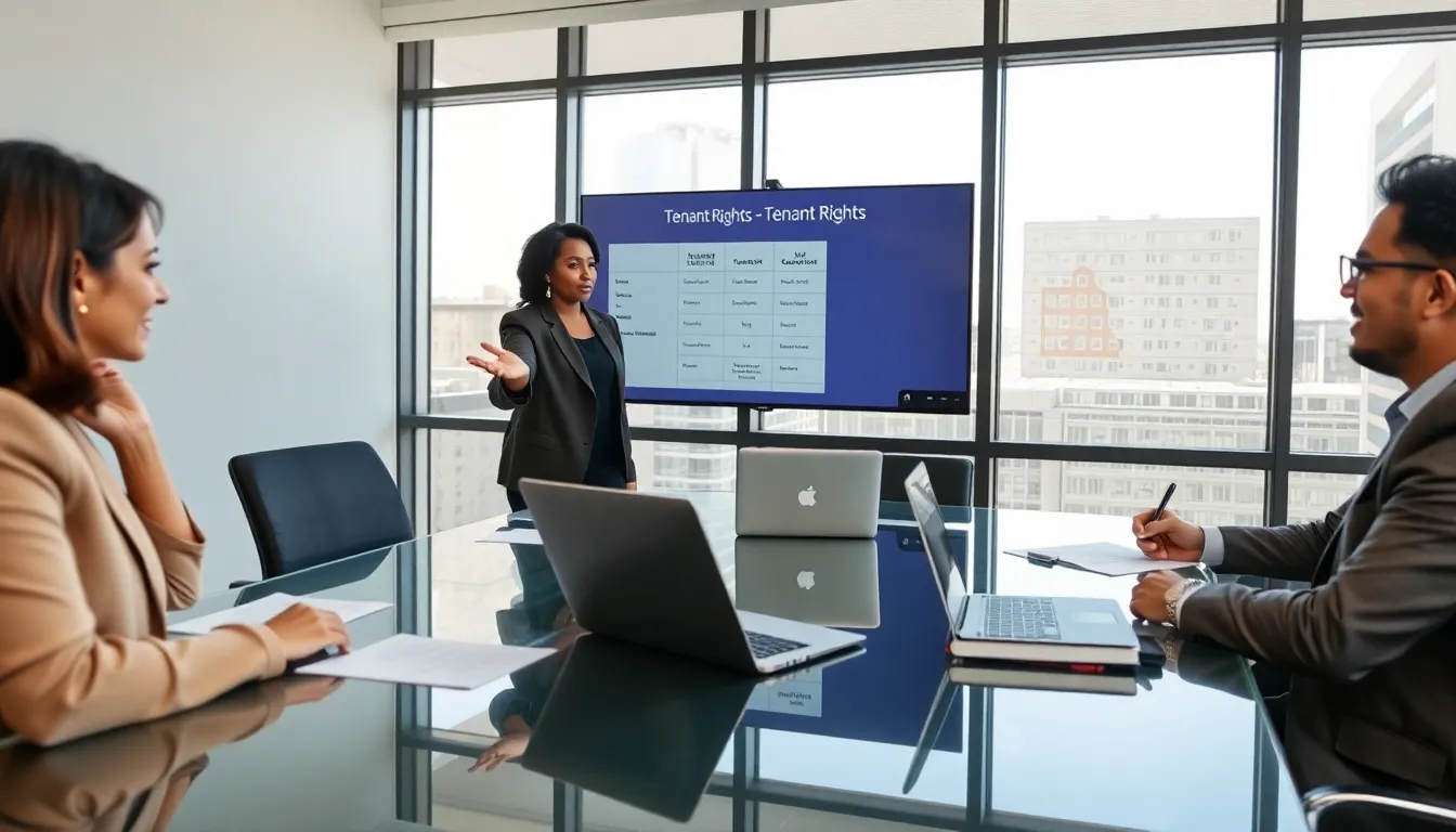 diverse professionals discussing tenant rights in a modern meeting room.