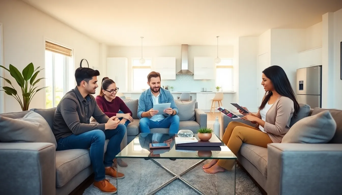 diverse group discussing house hacking strategies in a stylish living room.