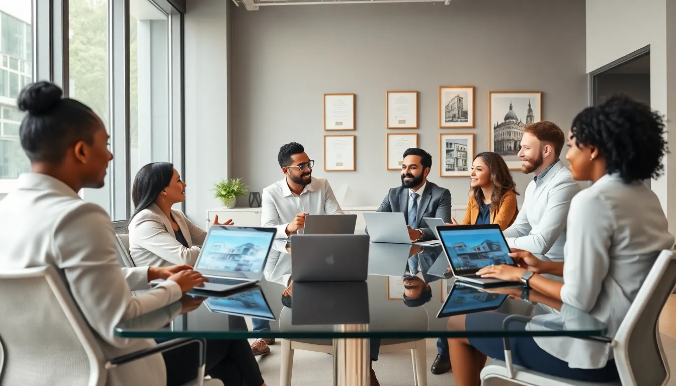 diverse real estate team collaborating in a modern office.