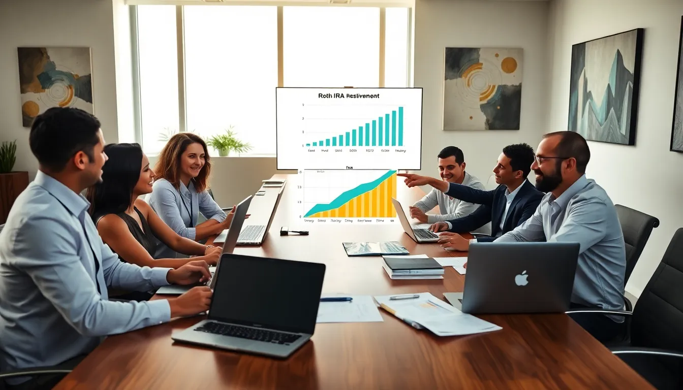 financial team discussing Roth IRA benefits in a modern office.