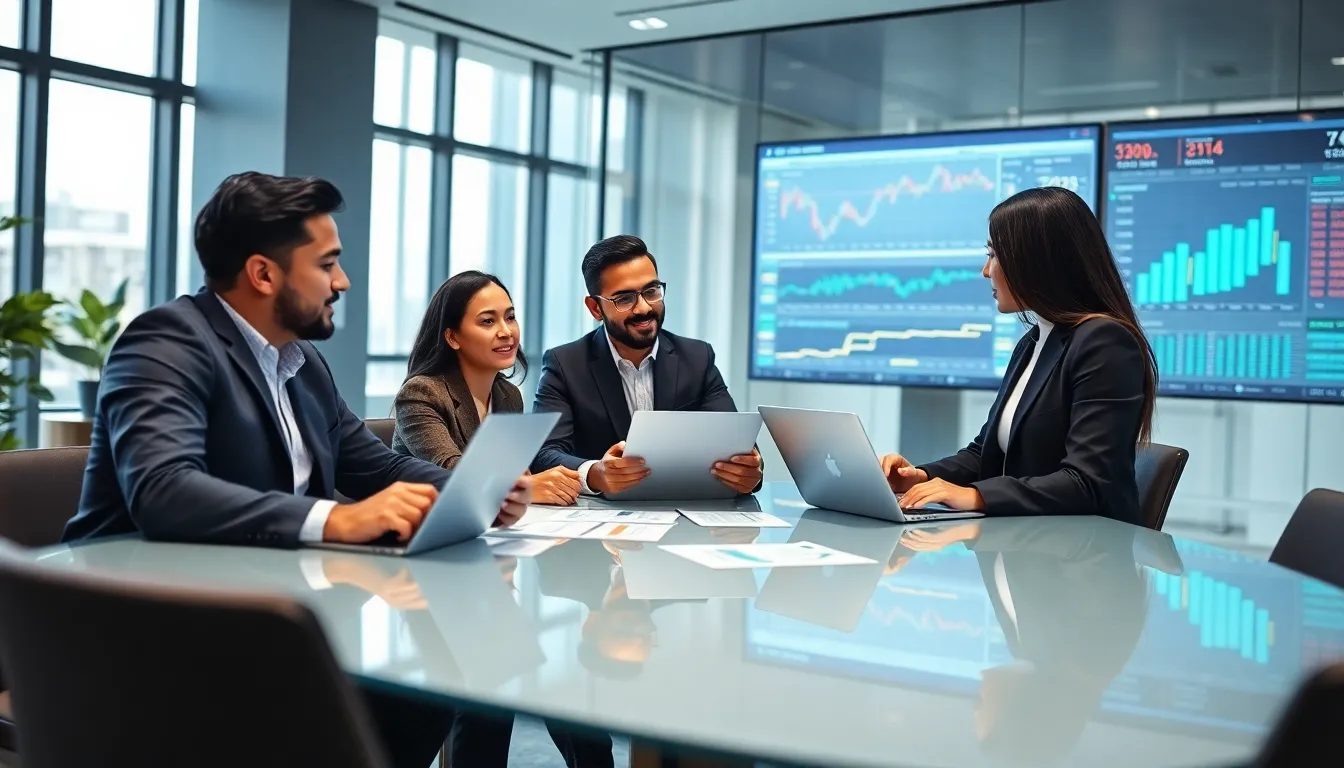 diverse professionals discussing prime brokerage services in a modern office.