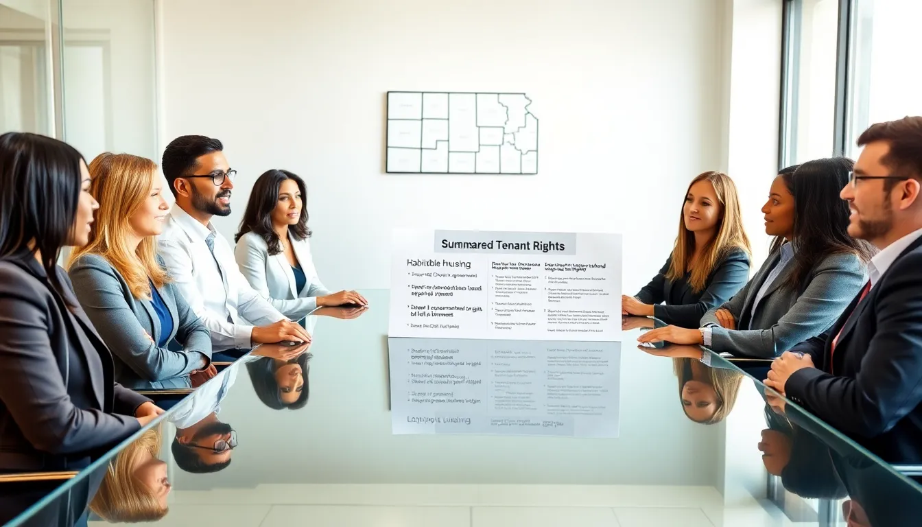 diverse professionals discussing tenant rights in a modern office.