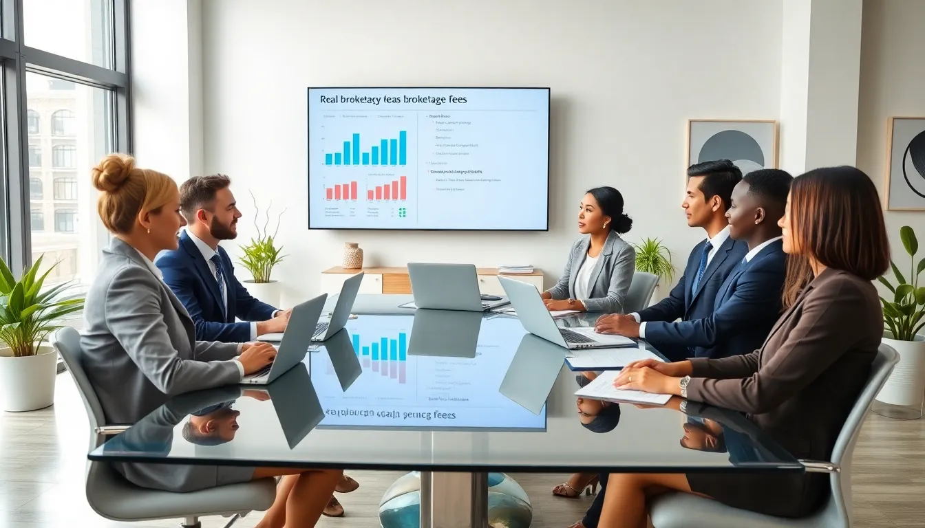 diverse real estate agents discussing brokerage fees in a modern office.