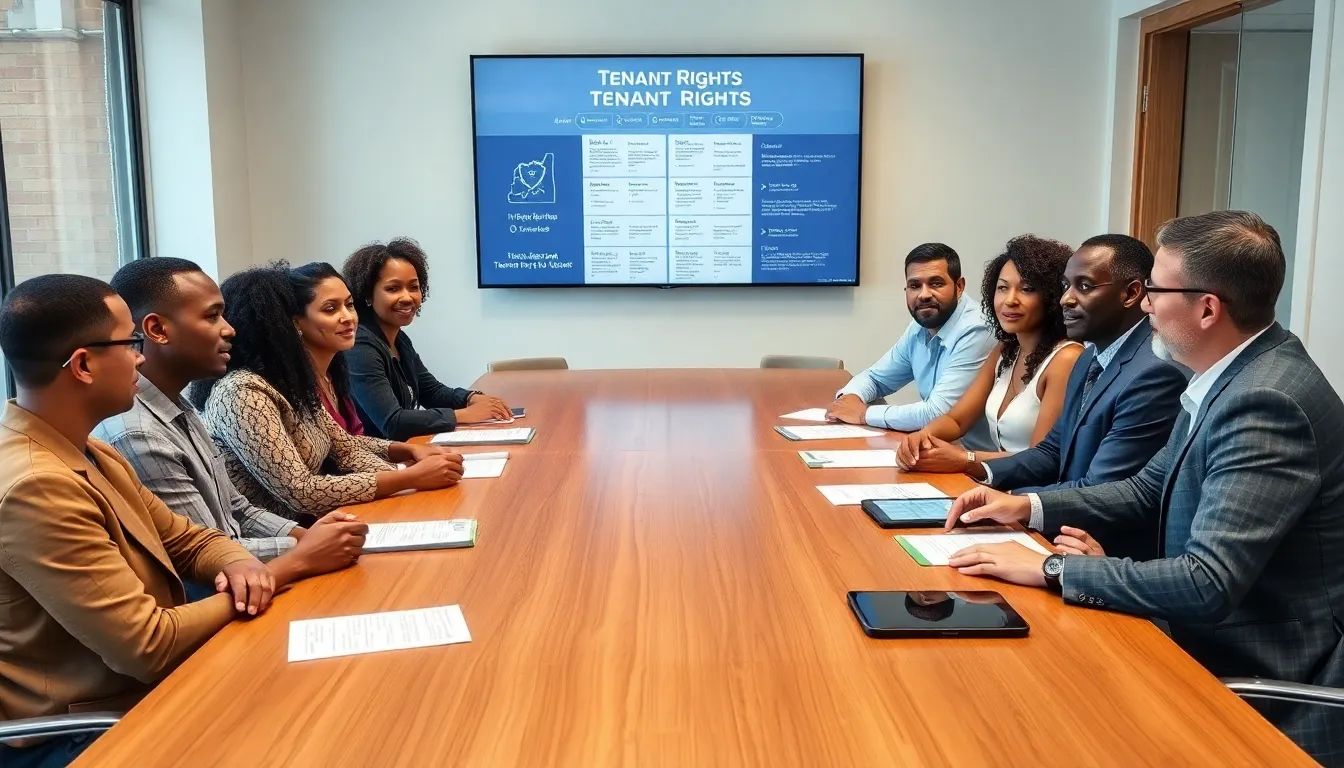 diverse tenants discussing rights in a modern office.