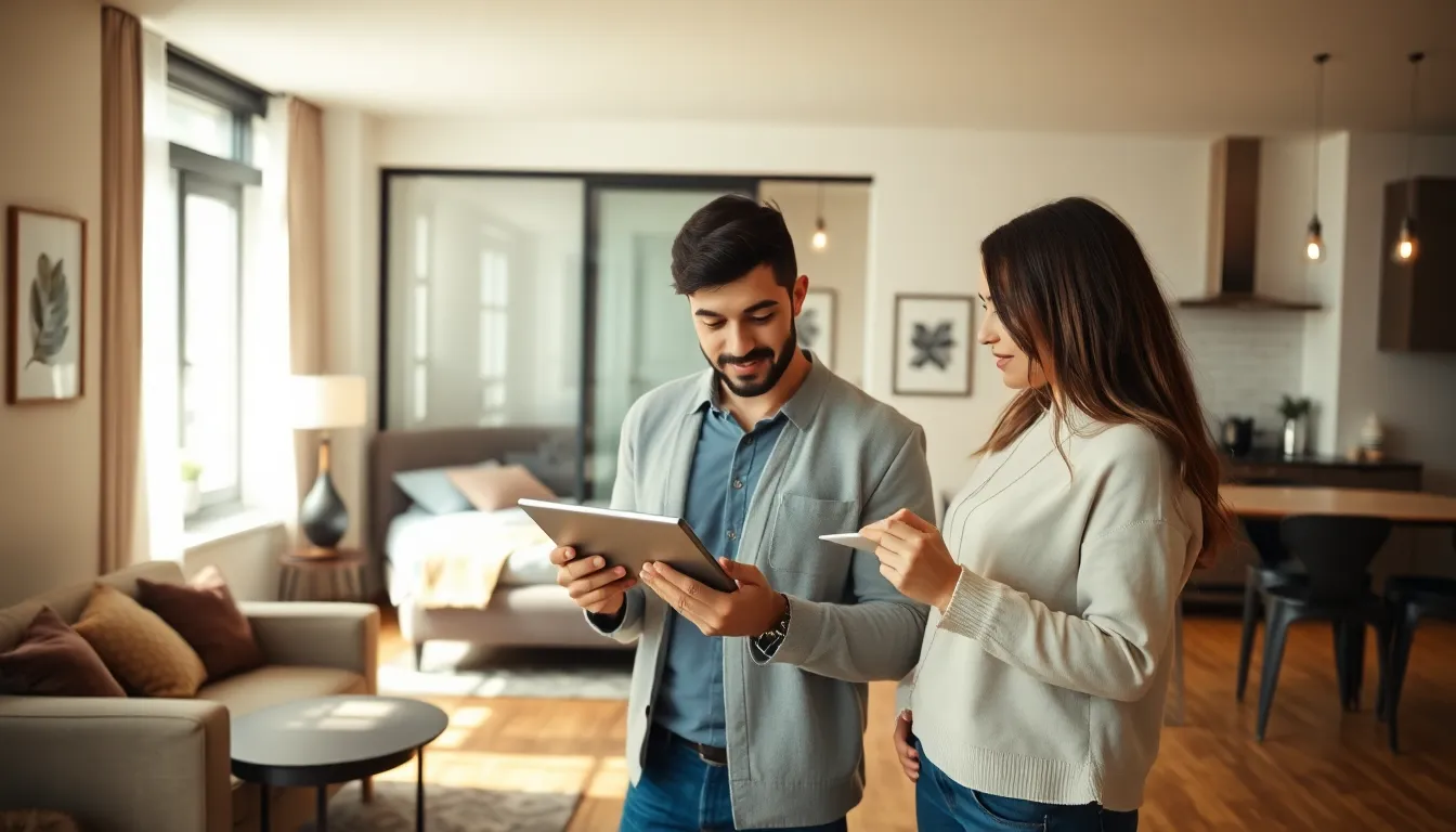 a couple discussing house hacking in a modern living space.