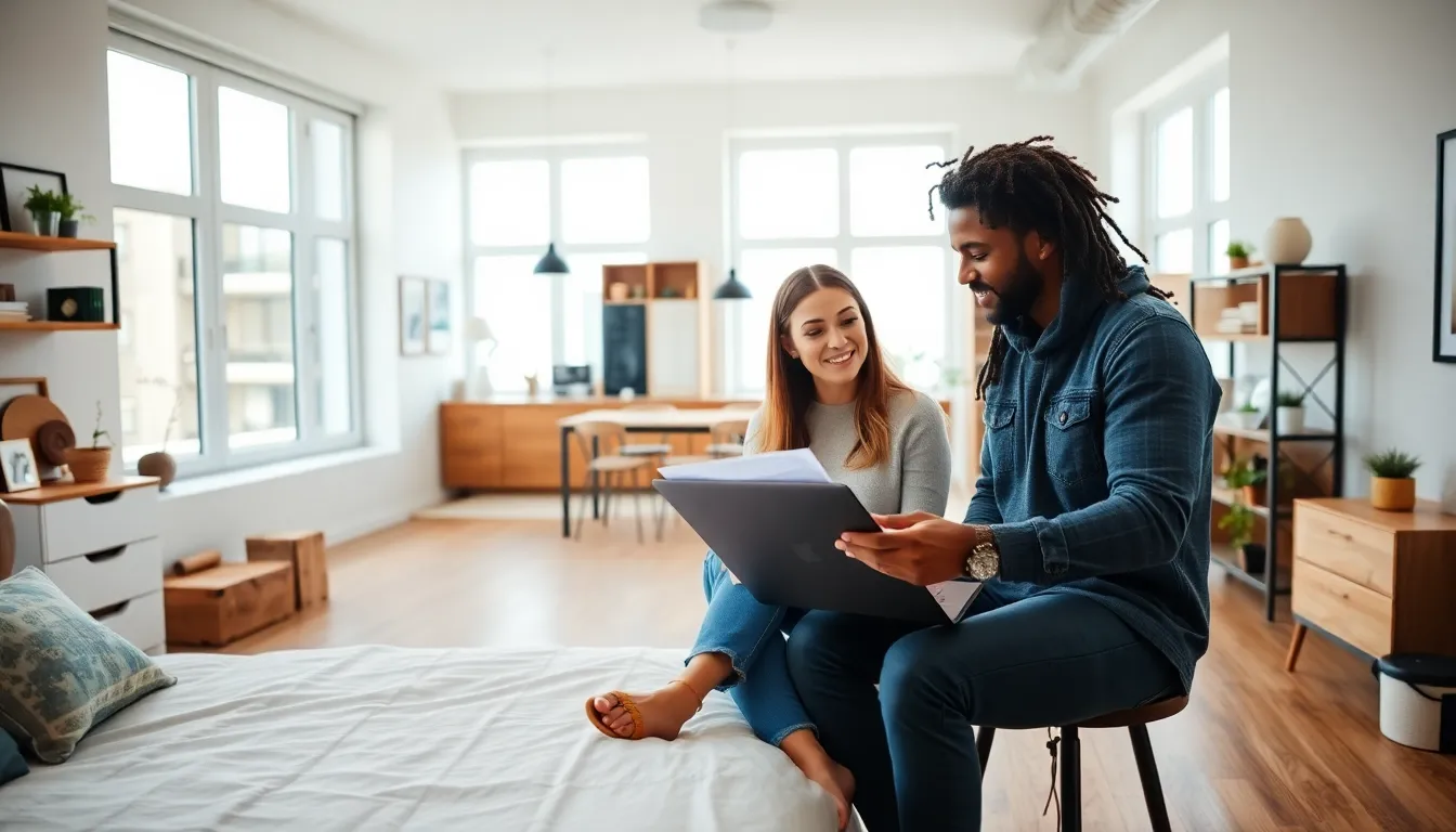 two young professionals collaborating in a cozy, modern house hacking setting.
