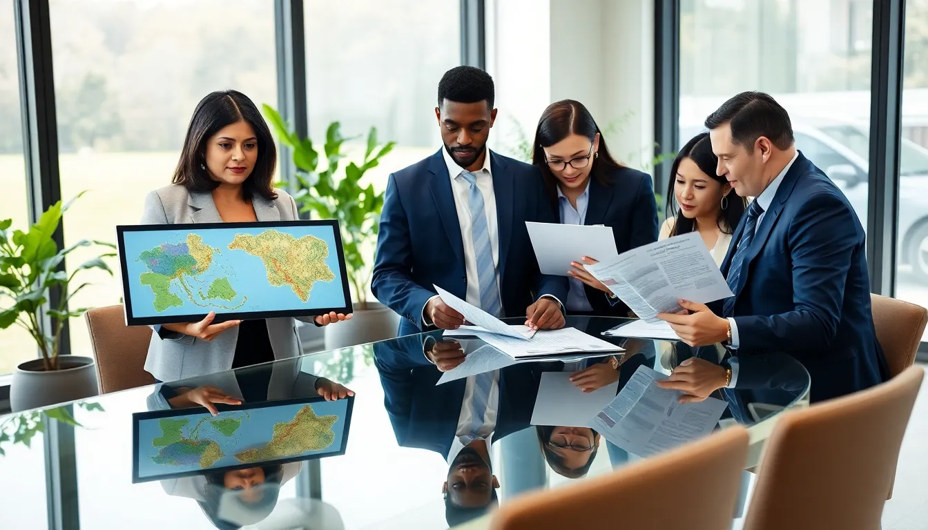 diverse brokers discussing orchard investments in a modern office.