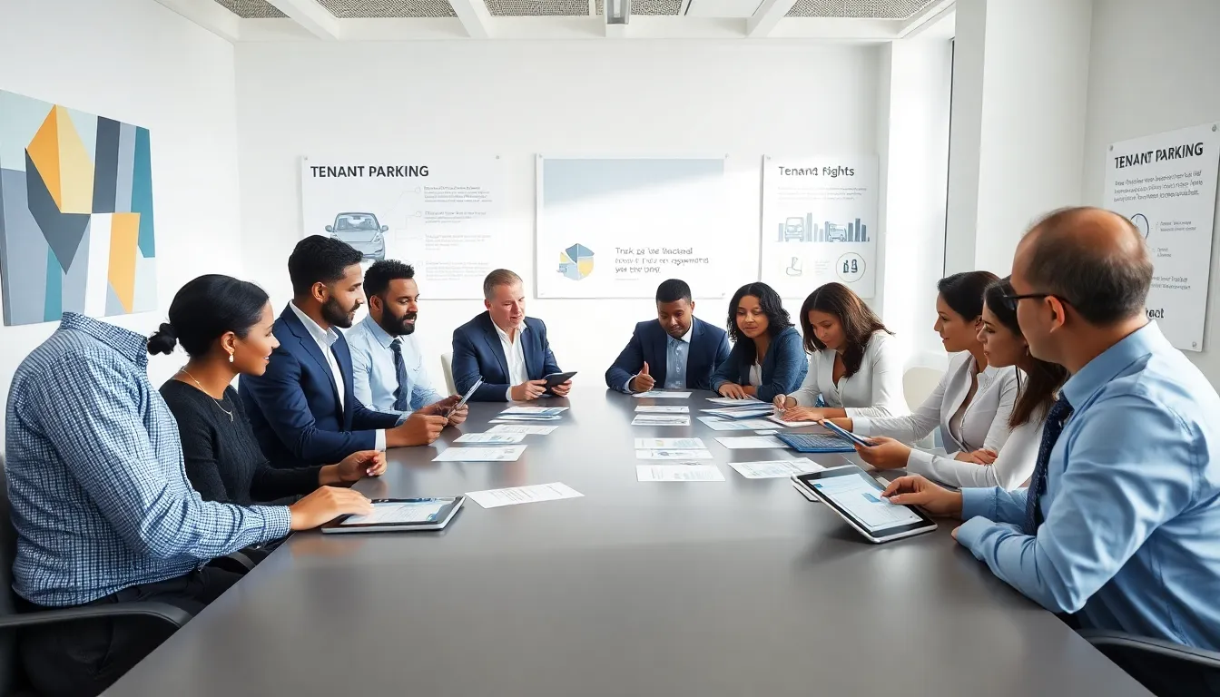 professionals discussing tenant parking rights in a modern office.